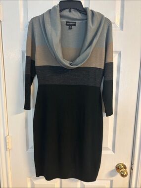 connected apparel Striped Cowl-Neck Sweater Dress in Light Gray, Taupe & Black